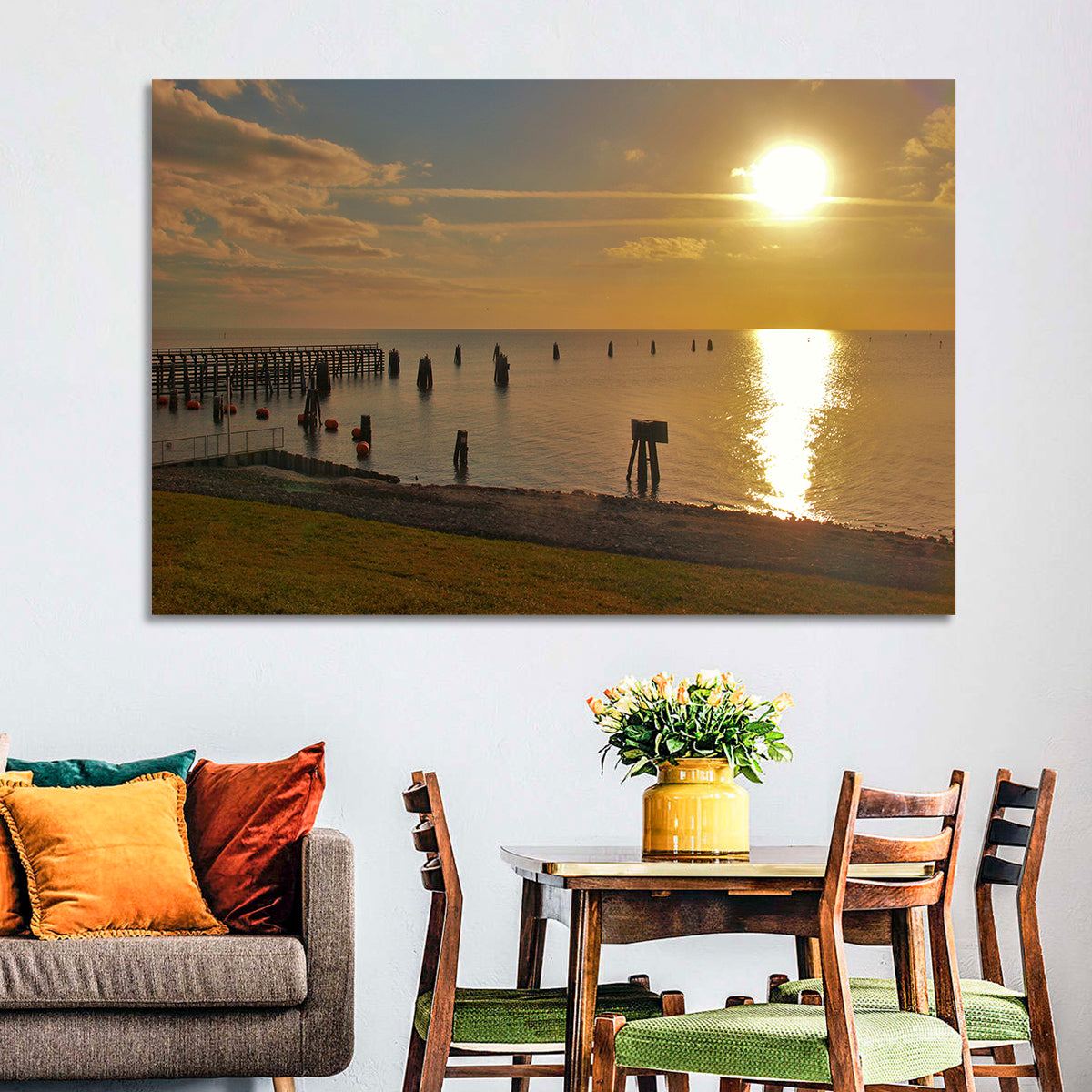 Lake Okeechobee Sunset Pier Wall Art in a room, landscape