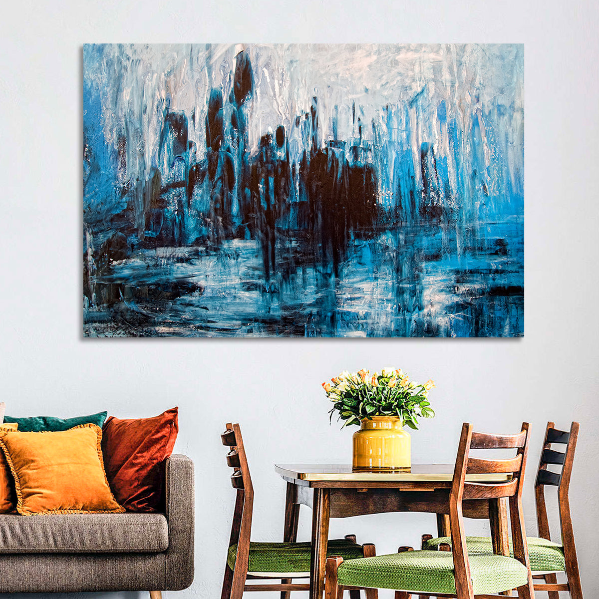 Rainy Abstract Skyline Reflection Wall Art in a room, landscape
