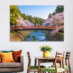 Arched Red Bridge with Cherry Blossoms Wall Art