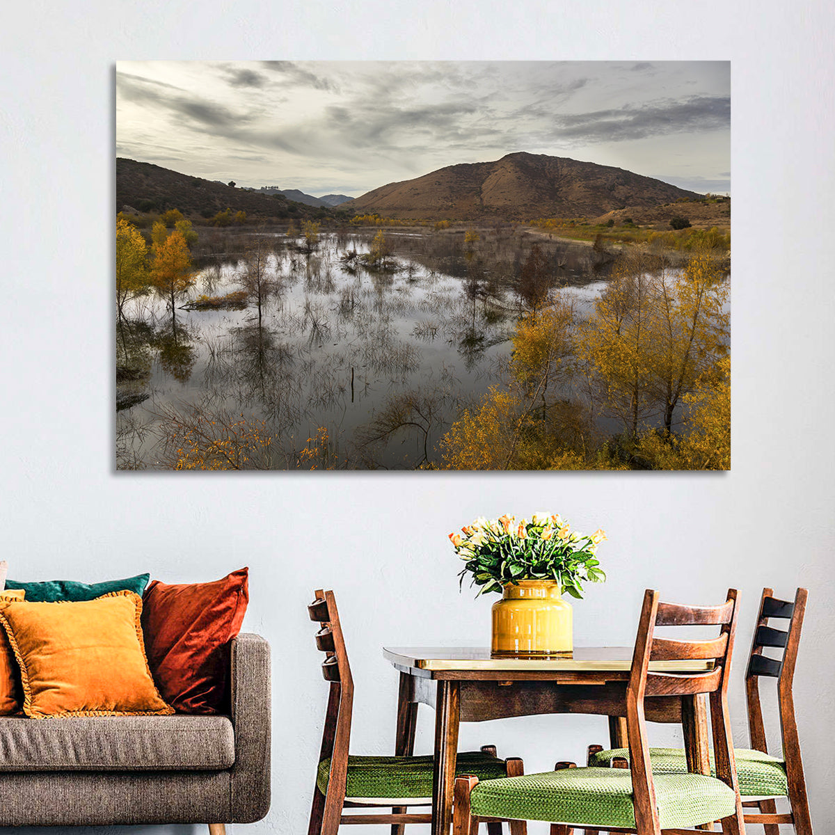 Lake Hodges Autumn Reflection Wall Art in a room, landscape