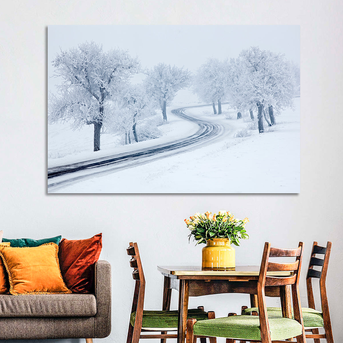 Misty Winter S-curve Road Wall Art in a room, landscape