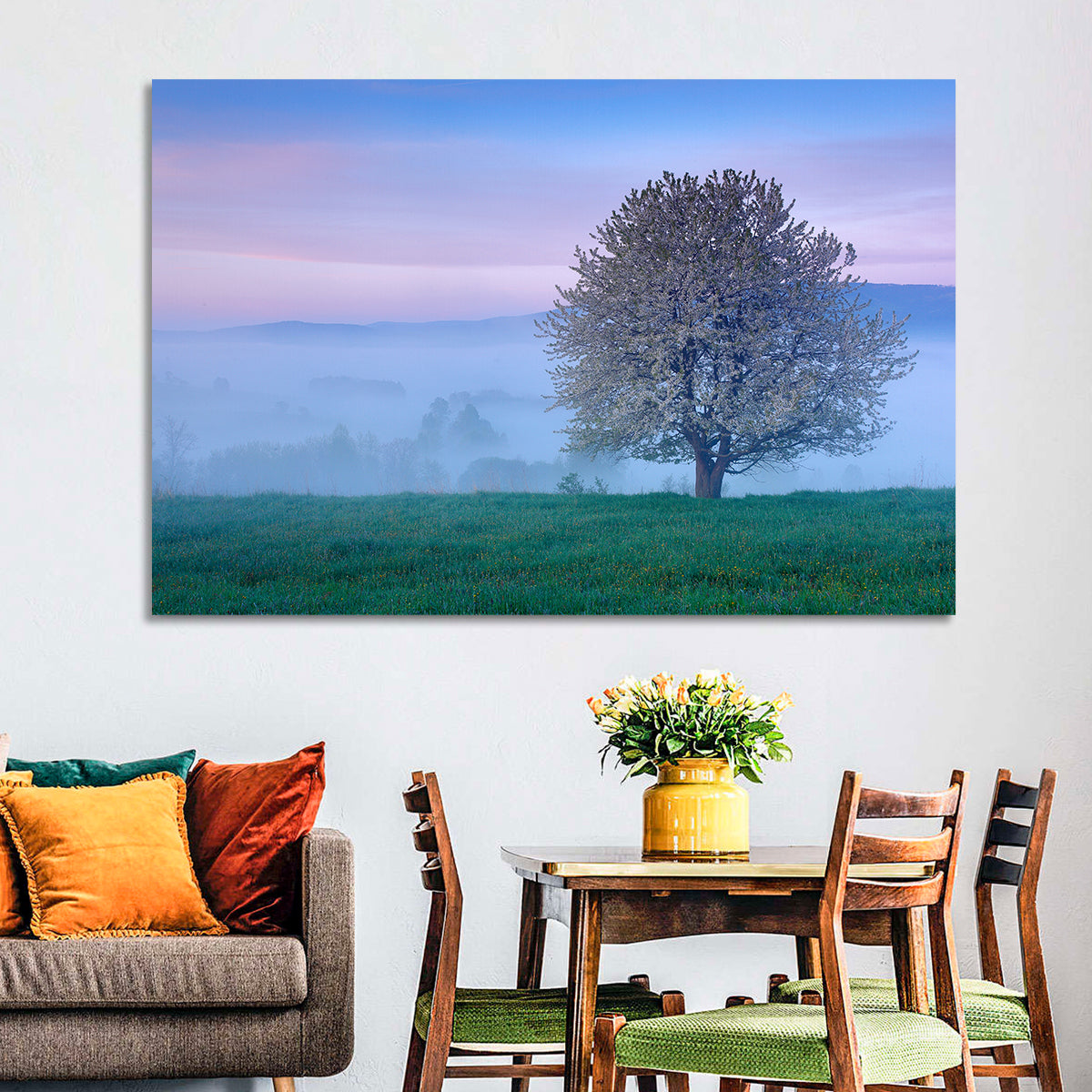 Misty Sumava Mountain Tree Wall Art in a room, landscape