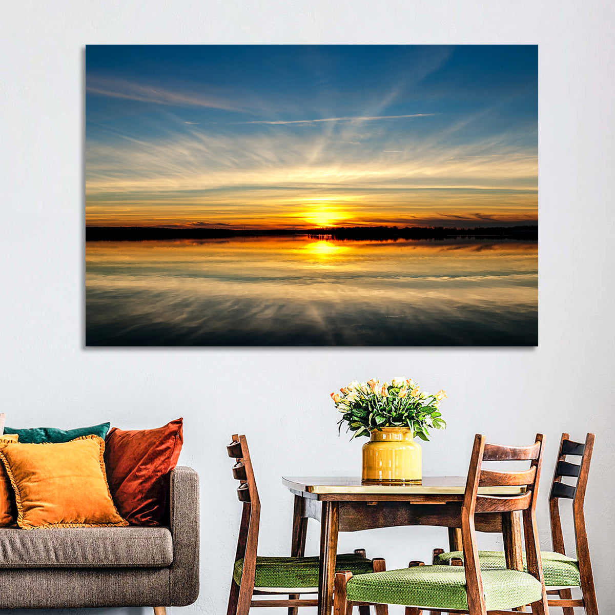 Oklahoma Lake Sunset Reflection Wall Art in a room, landscape