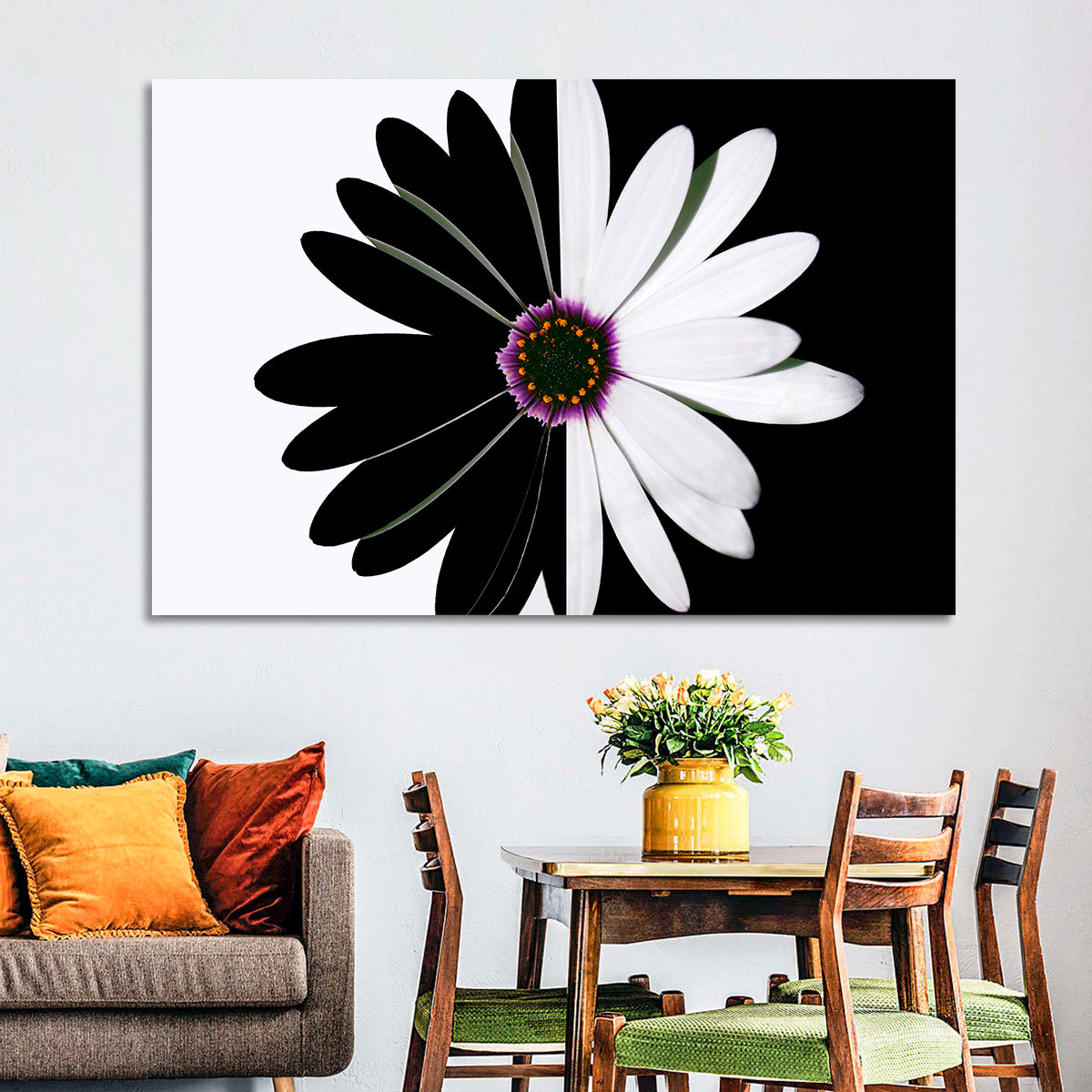 Black and White Daisy with Purple Ring Wall Art in a room, landscape