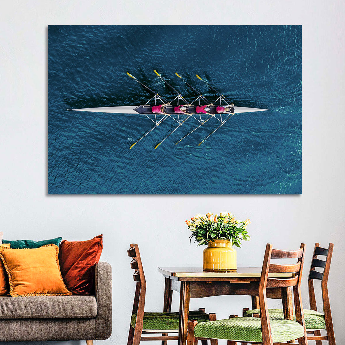Four Rowers in Pink Shirts Wall Art in a room, landscape
