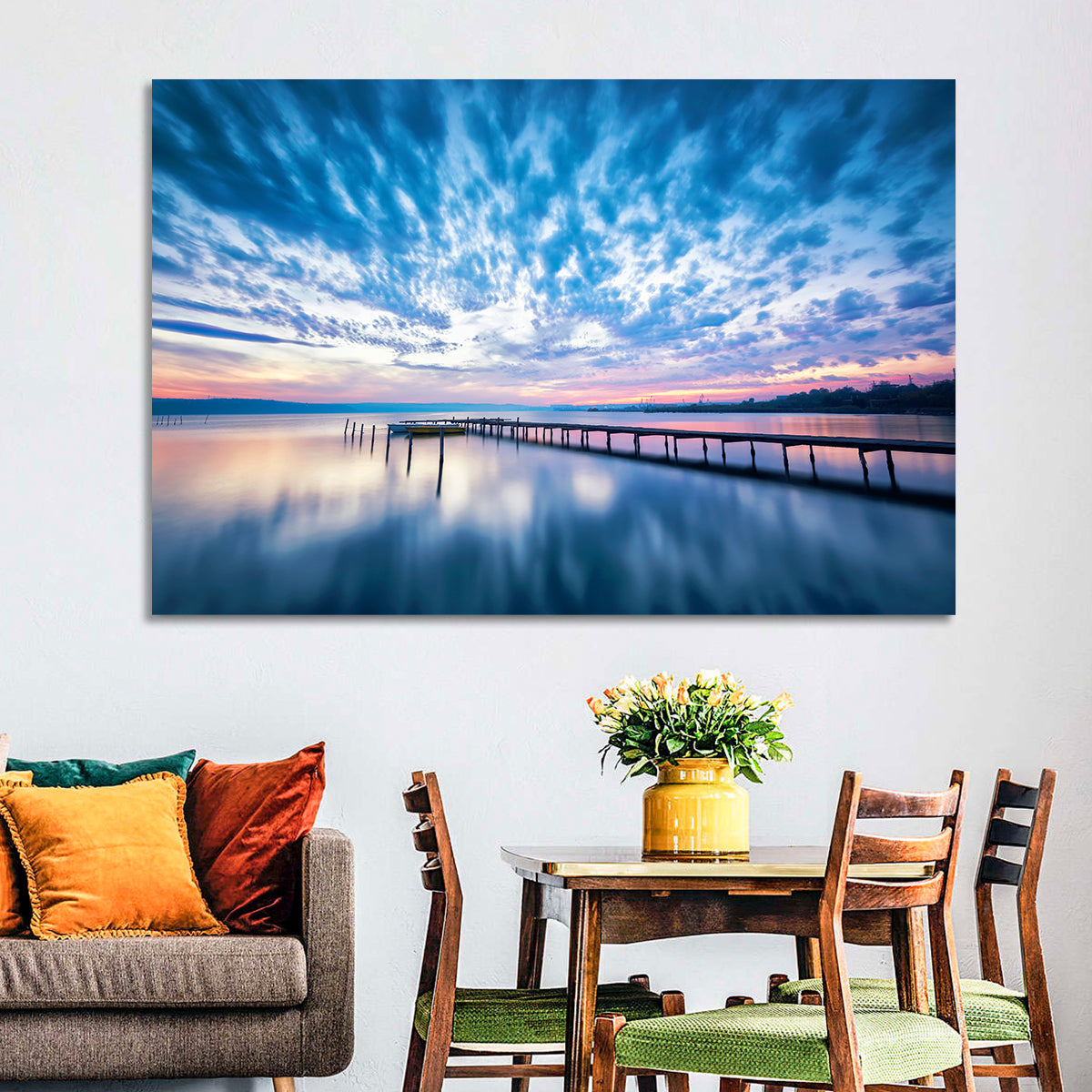 Cloudy Lake Pier at Dusk Wall Art in a room, landscape
