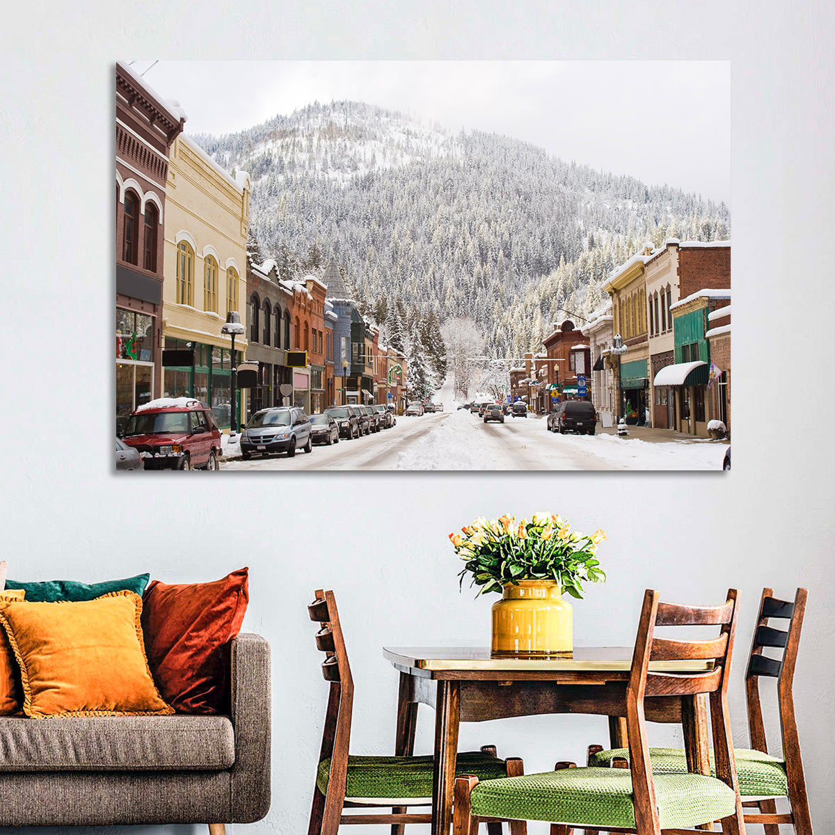 Snow Covered Mountain Main Street Wall Art in a room, landscape