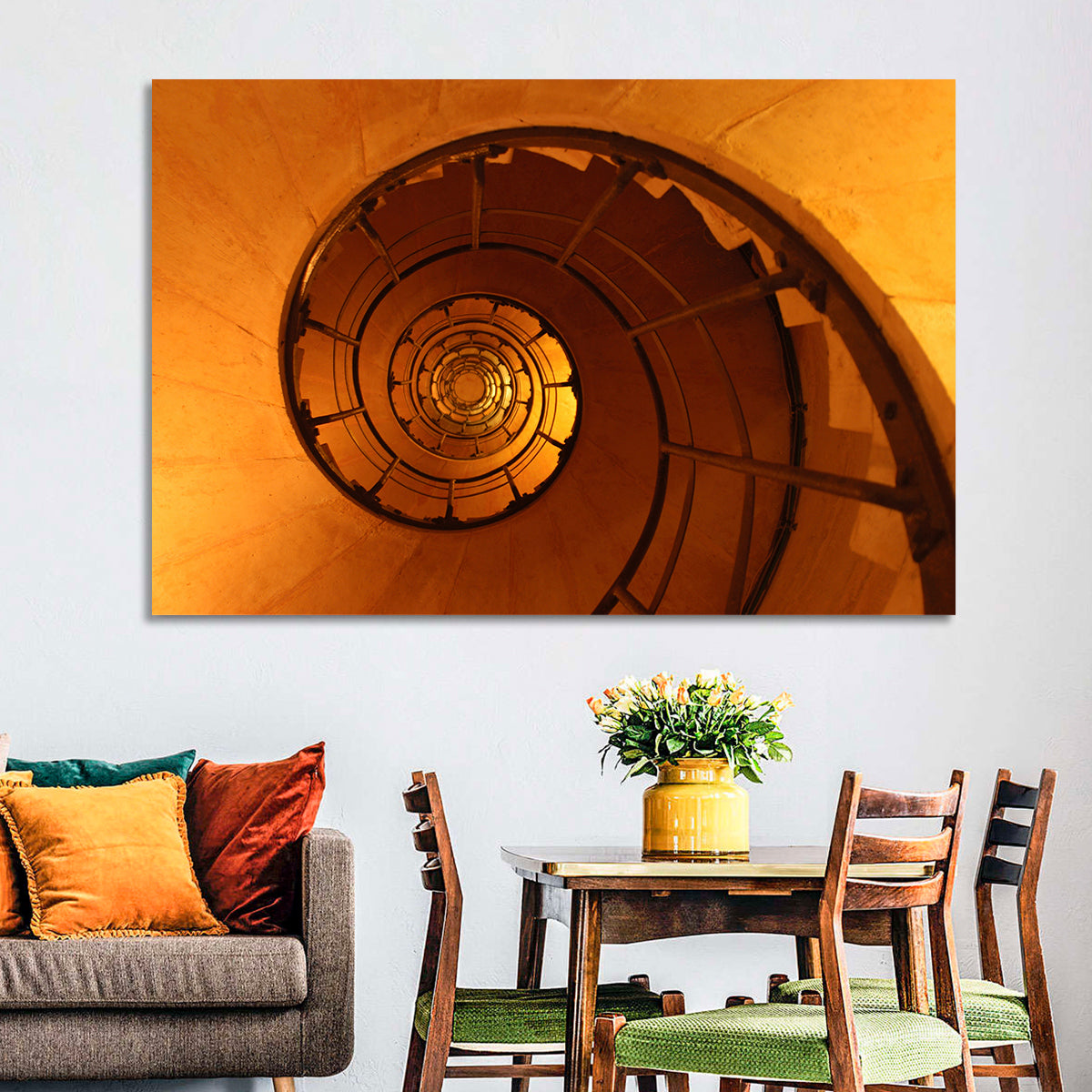Vortex Spiral Staircase Wall Art in a room, landscape