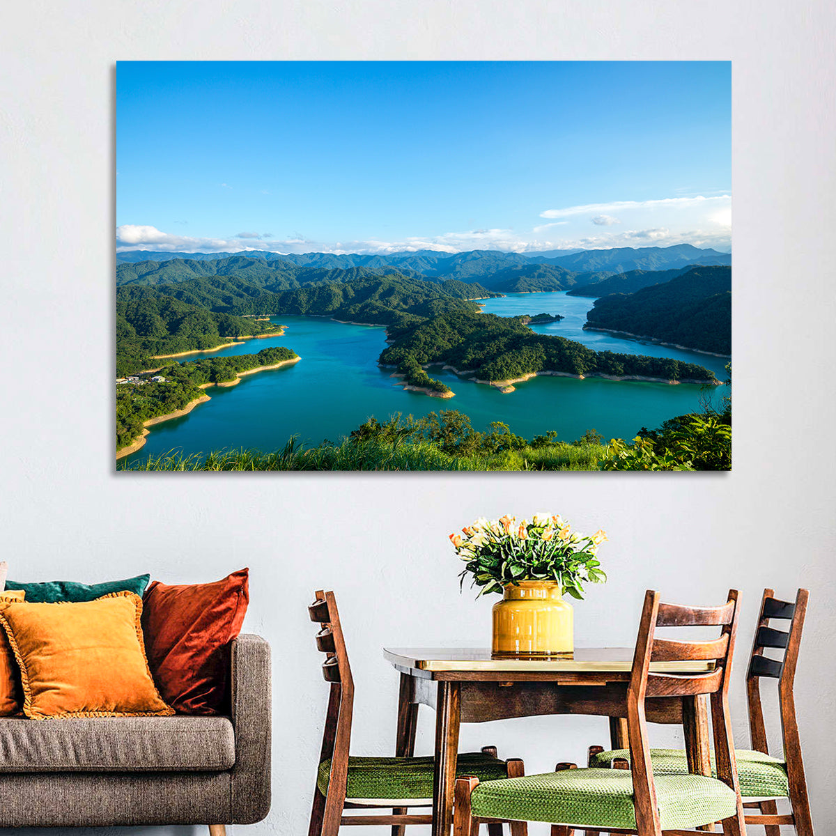 Emerald Qiandao Lake Wall Art in a room, landscape