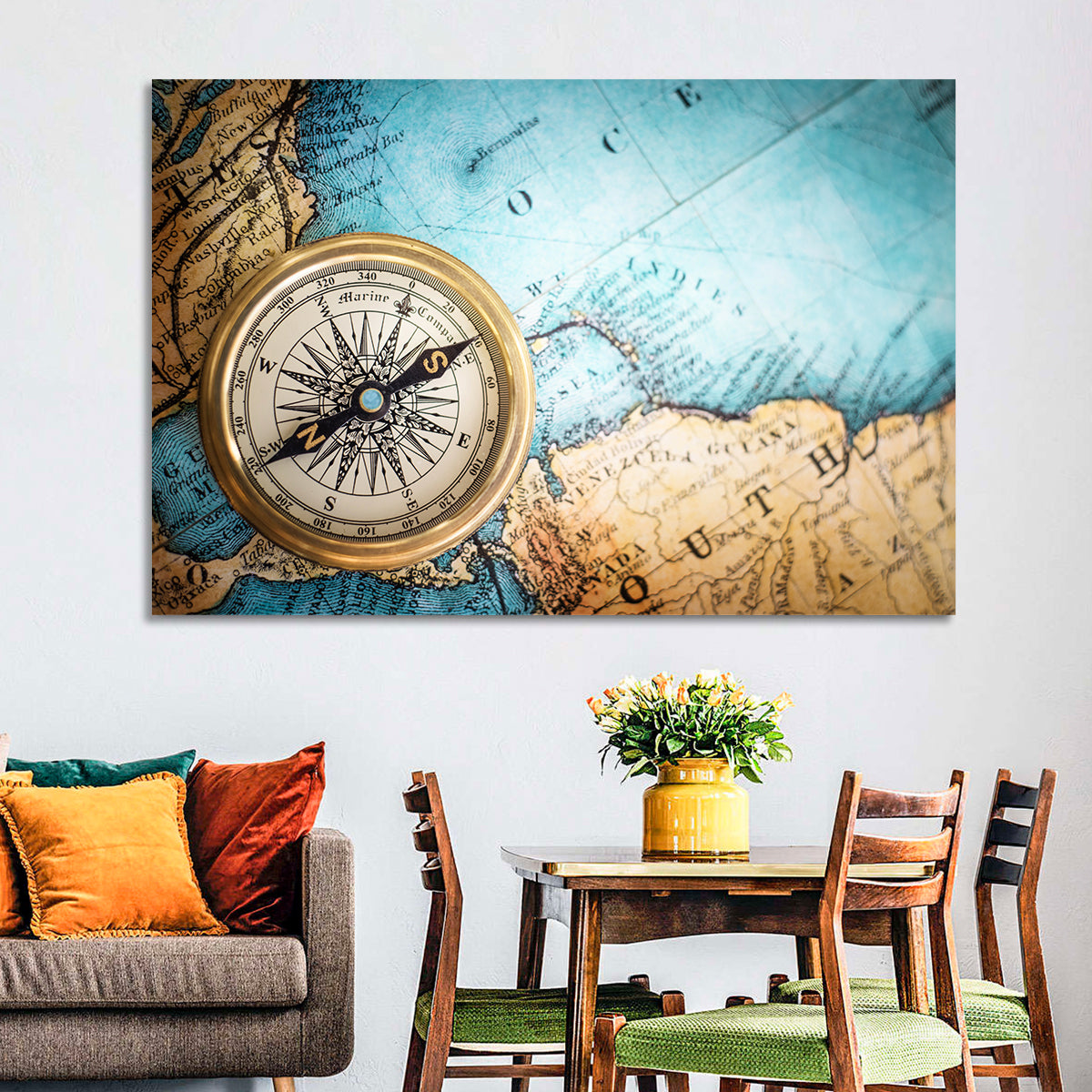 Vintage Compass Over Atlantic Map Wall Art in a room, landscape