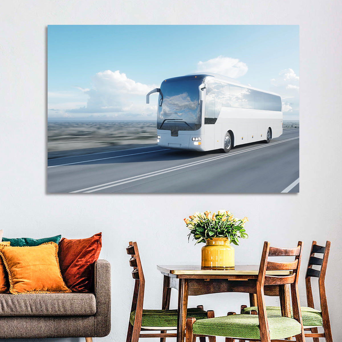 Desert Highway Tour Bus Wall Art in a room, landscape