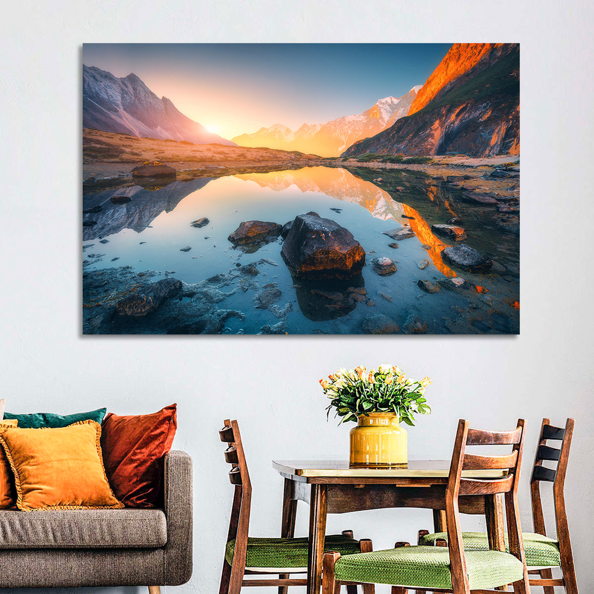 Himalayan Lake Reflections Wall Art in a room, landscape
