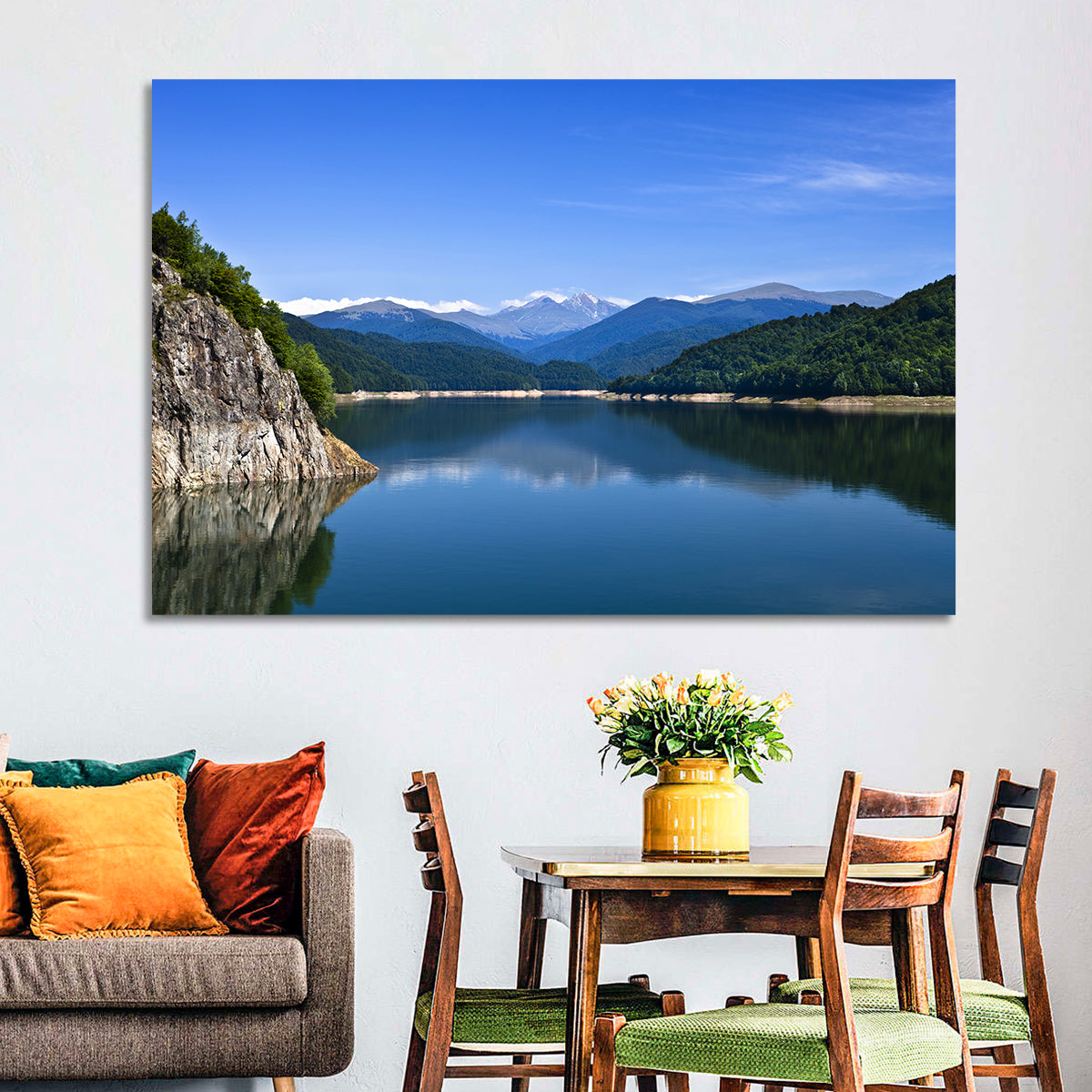 Cliffside Mountain Lake Reflection Wall Art in a room, landscape