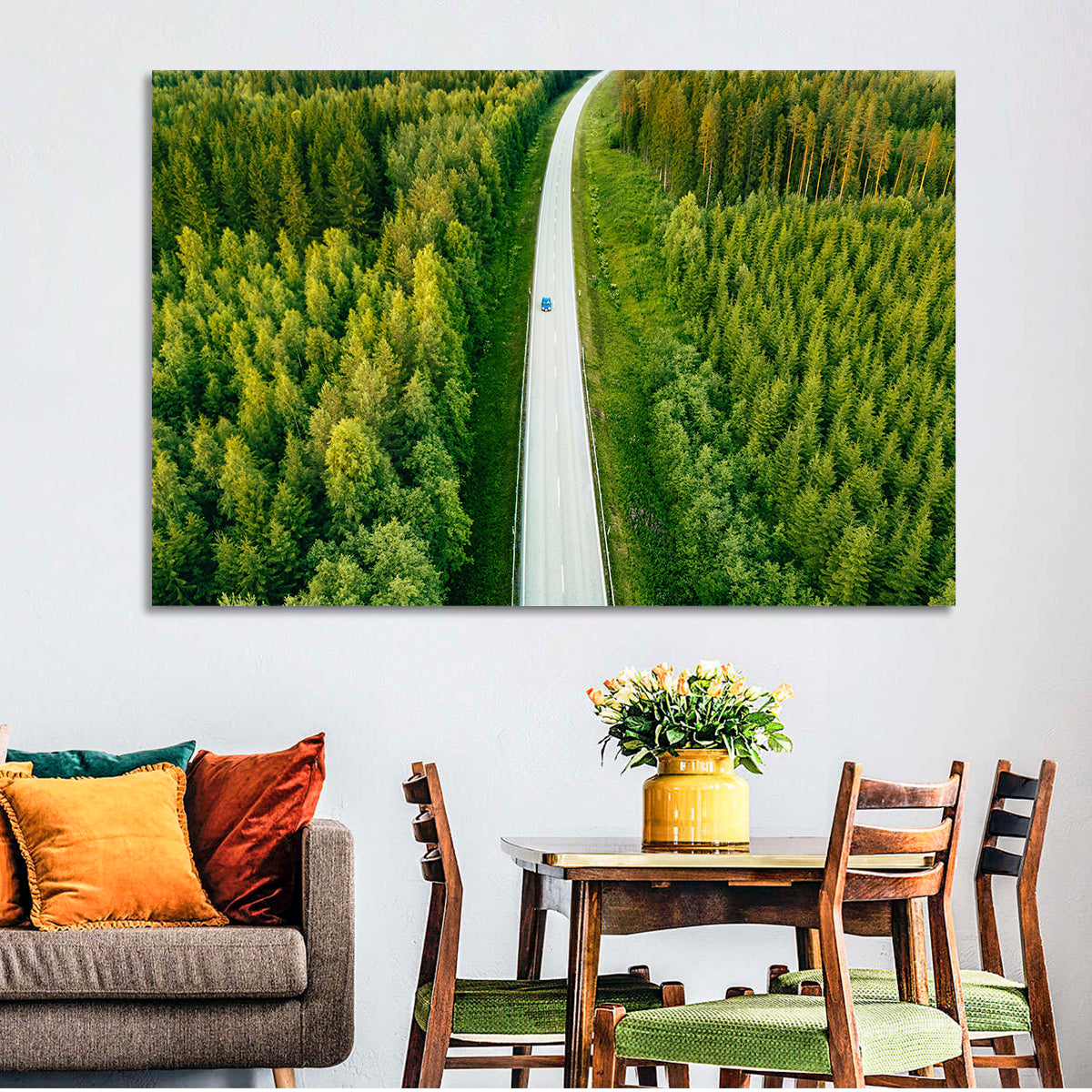 Blue Car on Forest Road Wall Art in a room, landscape