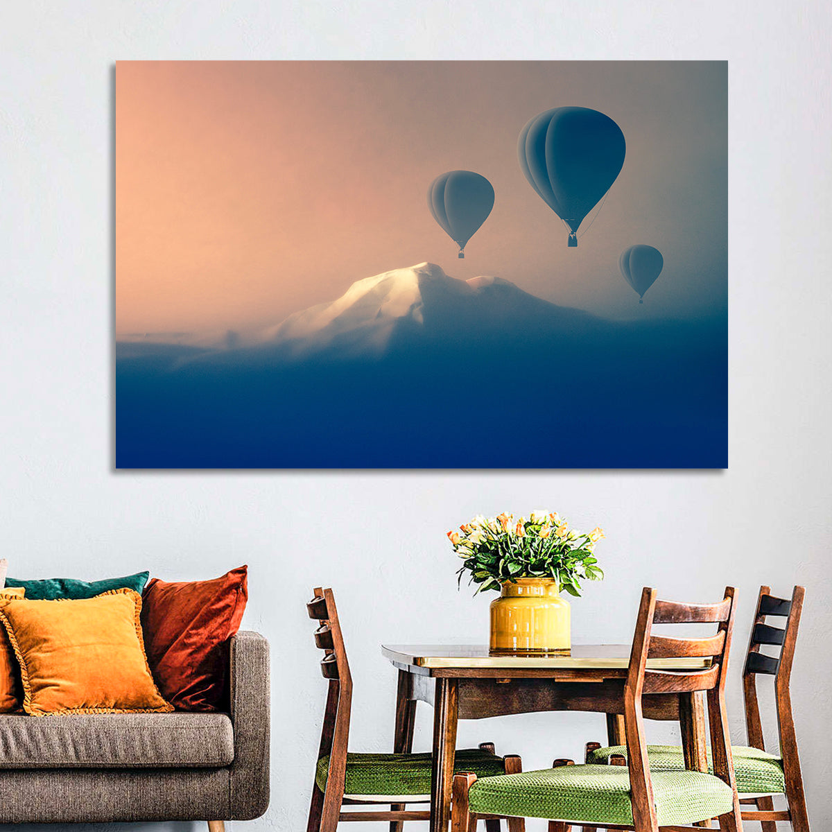 Three Hot Air Balloons Over Misty Peak Wall Art in a room, landscape