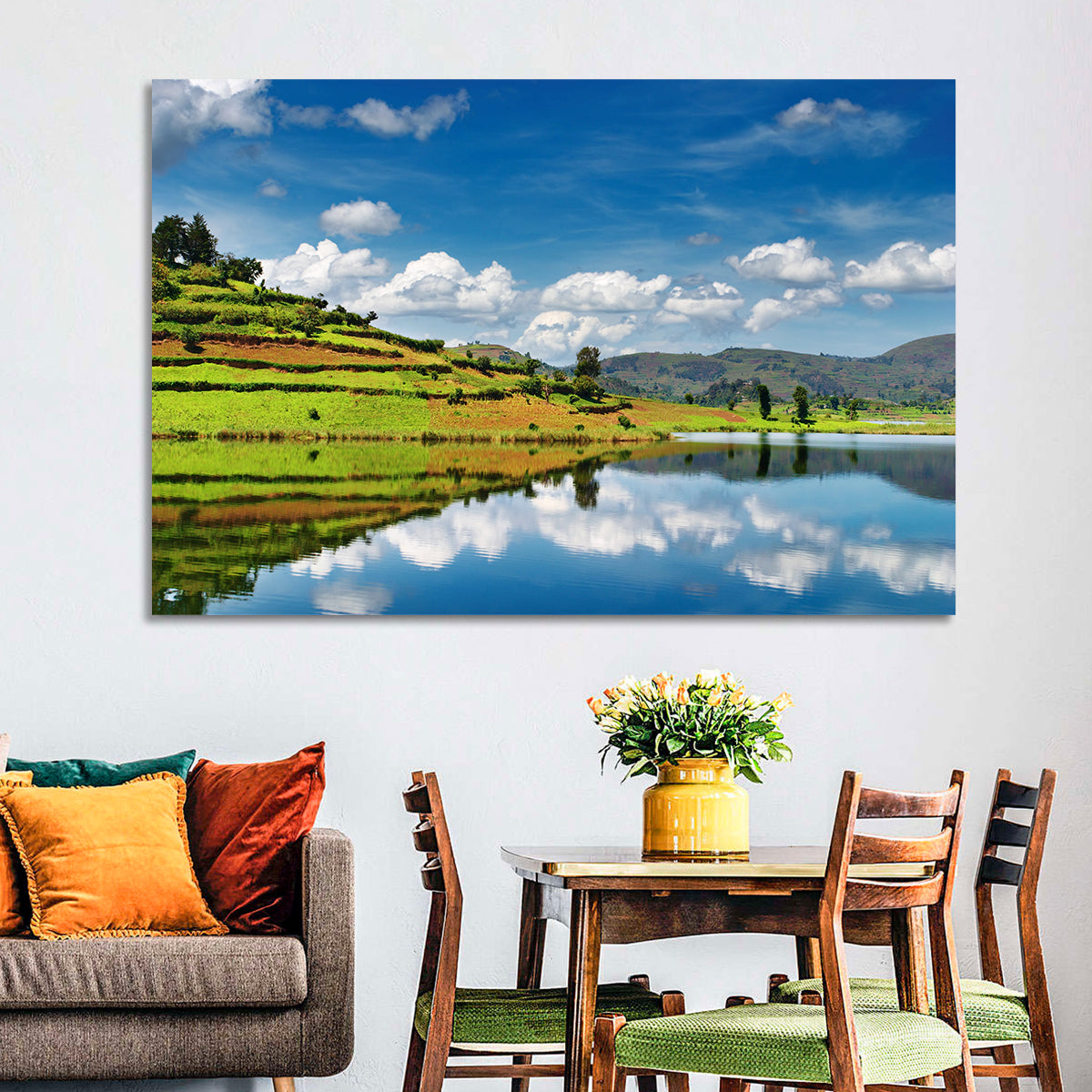Bunyonyi Lake Reflection Wall Art in a room, landscape