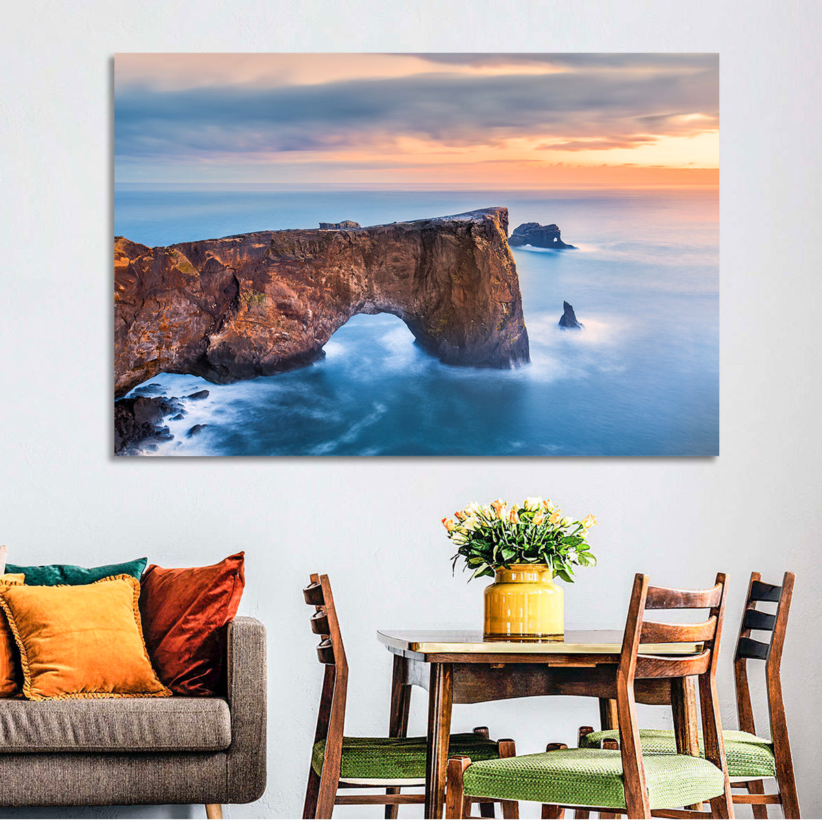 Dyrhólaey Sea Arch at Sunset Wall Art in a room, landscape