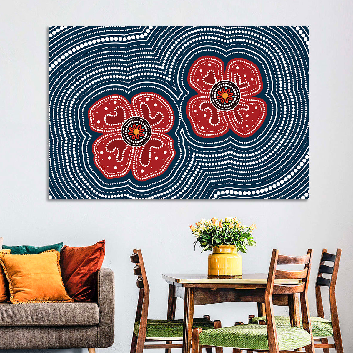 Aboriginal Poppy Duo Wall Art in a room, landscape