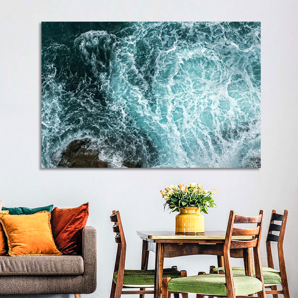 Aerial Ocean Waves with Sea Foam Wall Art in a room, landscape