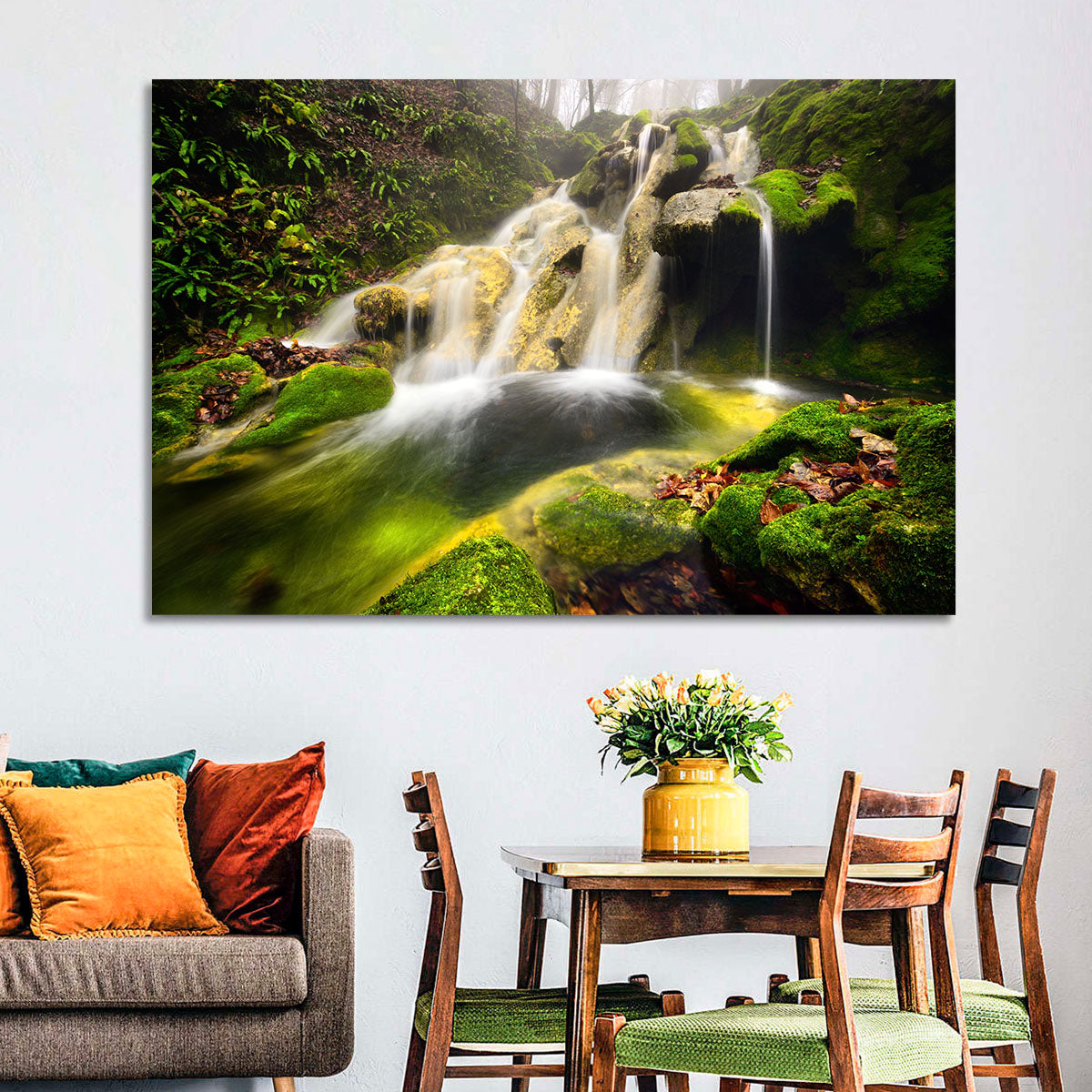 Cheile Nerei Mossy Waterfall Wall Art in a room, landscape