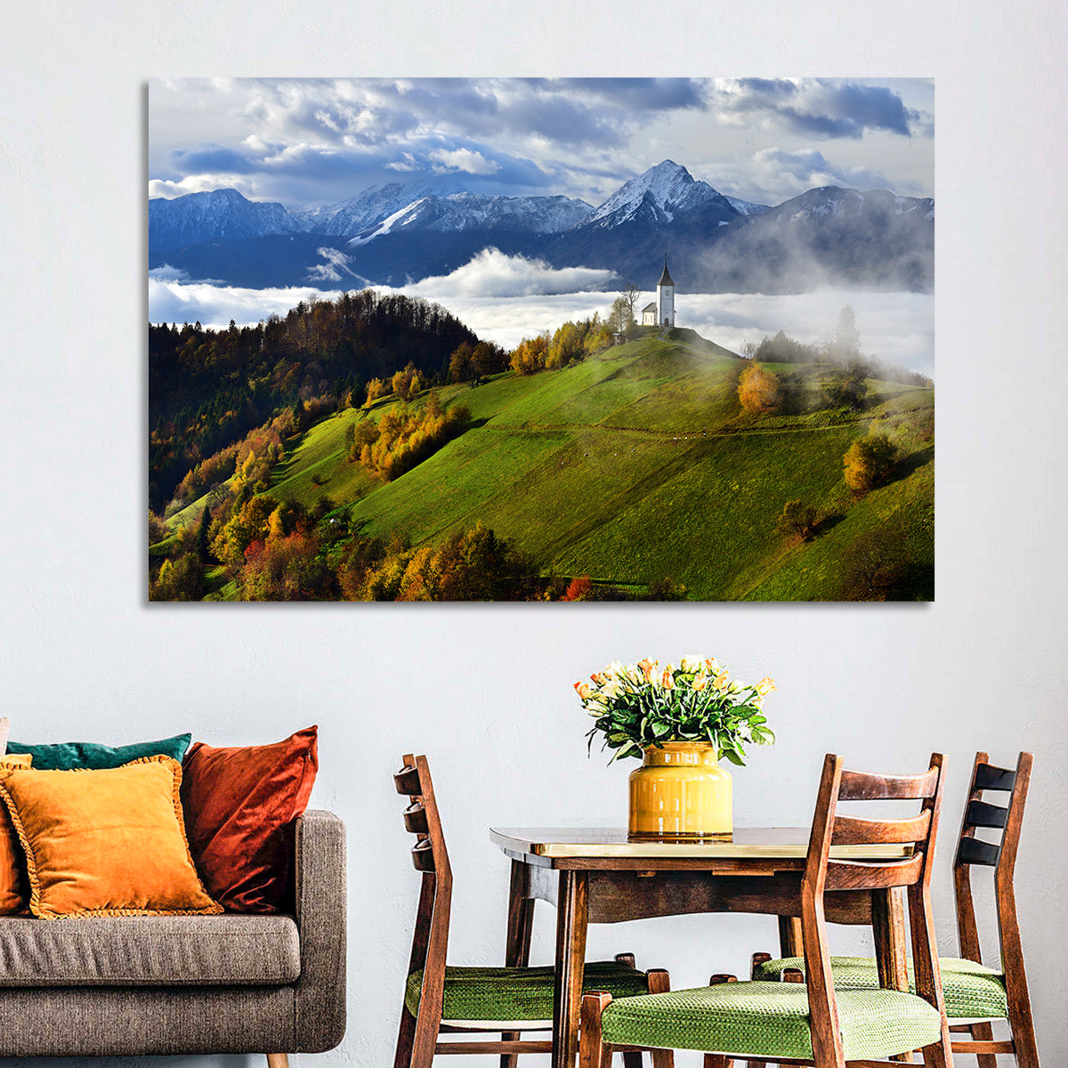 Jamnik Church on Misty Hill Wall Art in a room, landscape