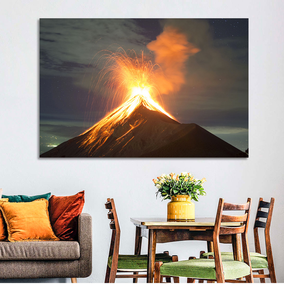 Starry Night Volcano Eruption Wall Art in a room, landscape