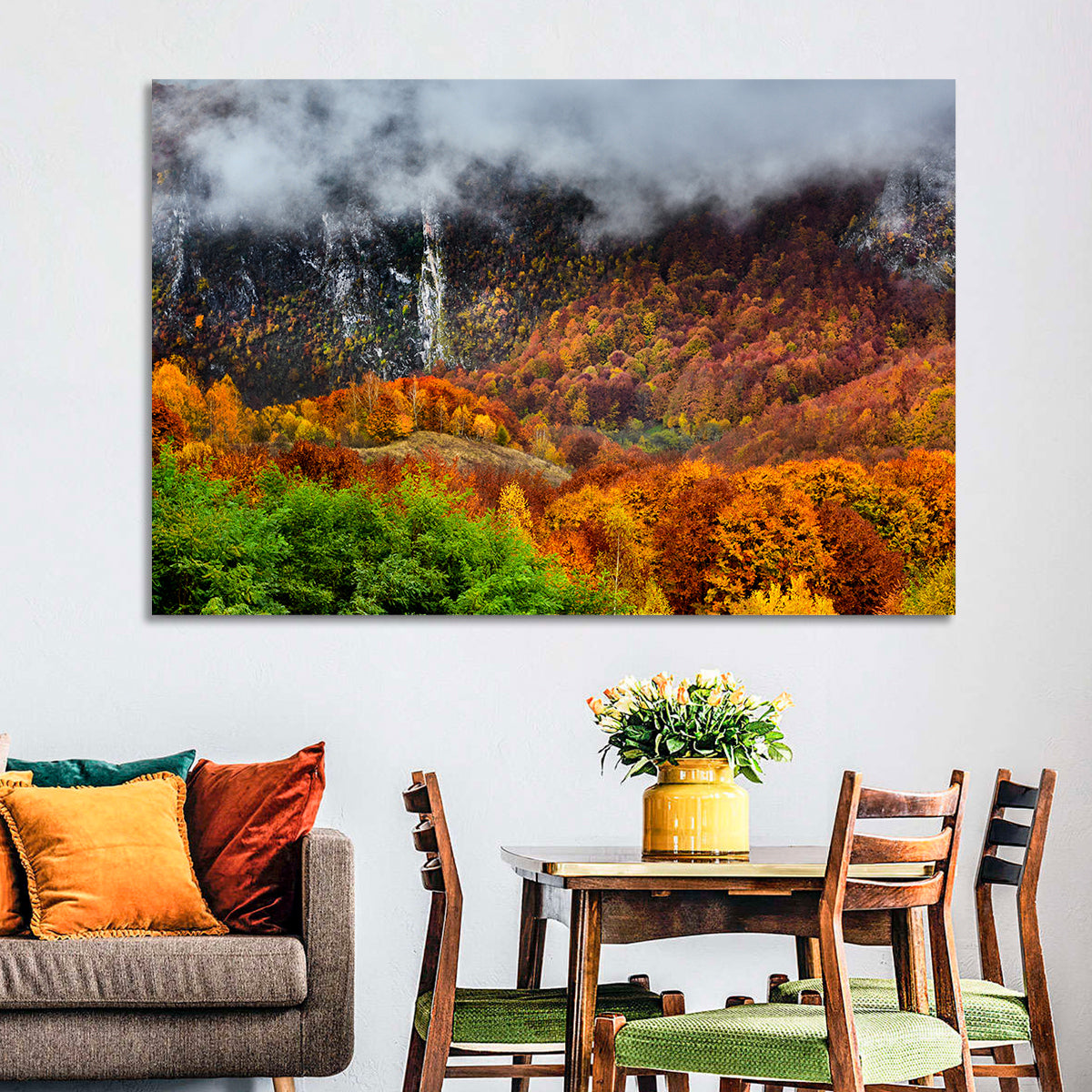 Misty Carpathian Autumn Wall Art in a room, landscape