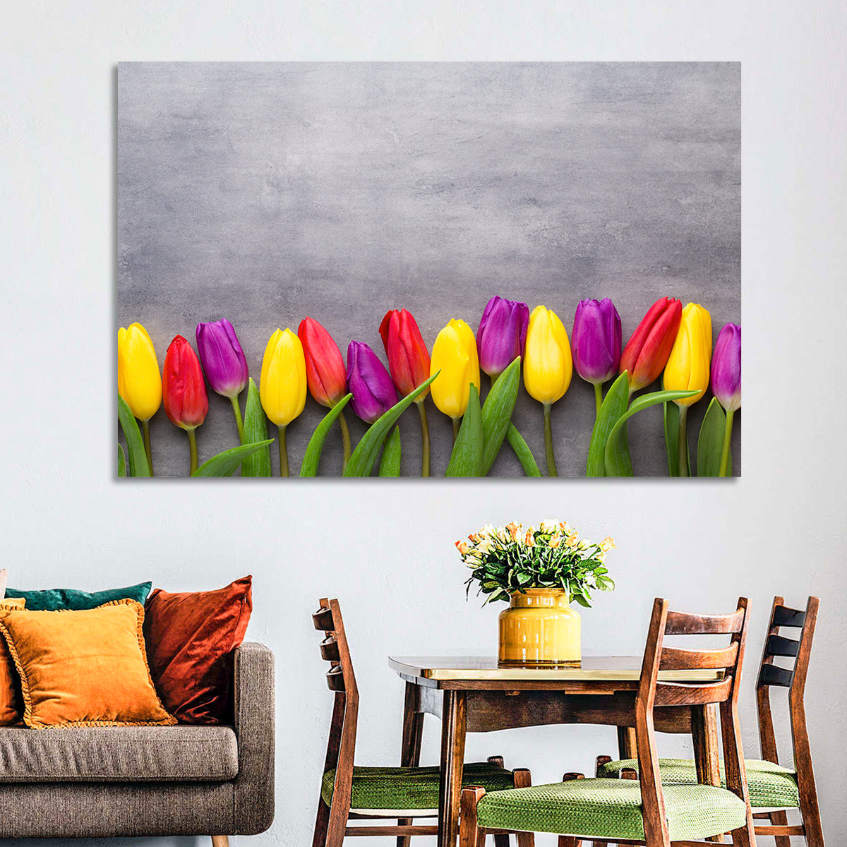 Row of Multicolored Tulips Wall Art in a room, landscape