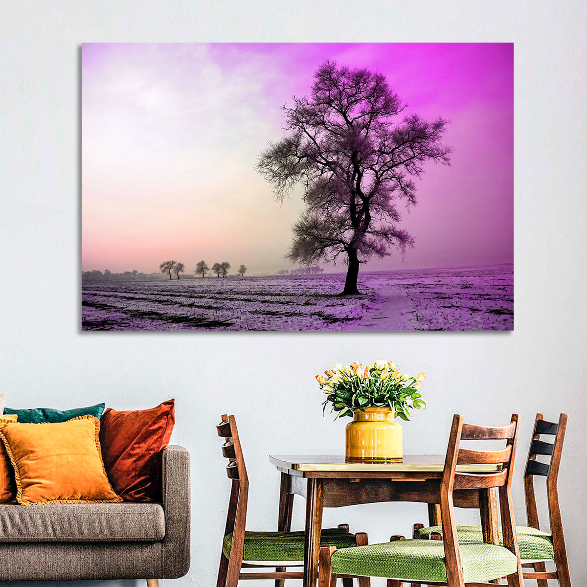 Violet Winter Dawn Tree Wall Art in a room, landscape