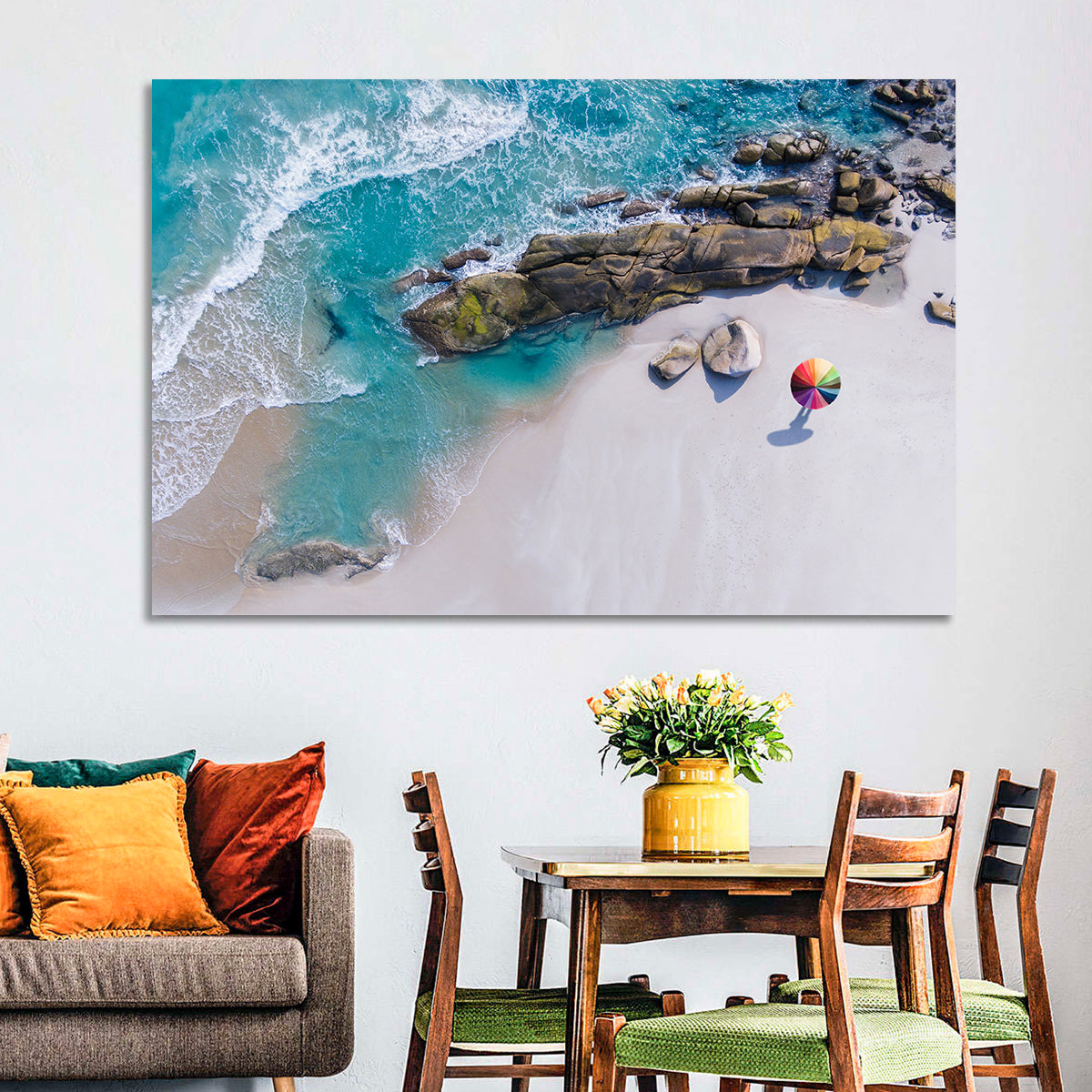 Aerial Beach with Rainbow Umbrella Wall Art in a room, landscape