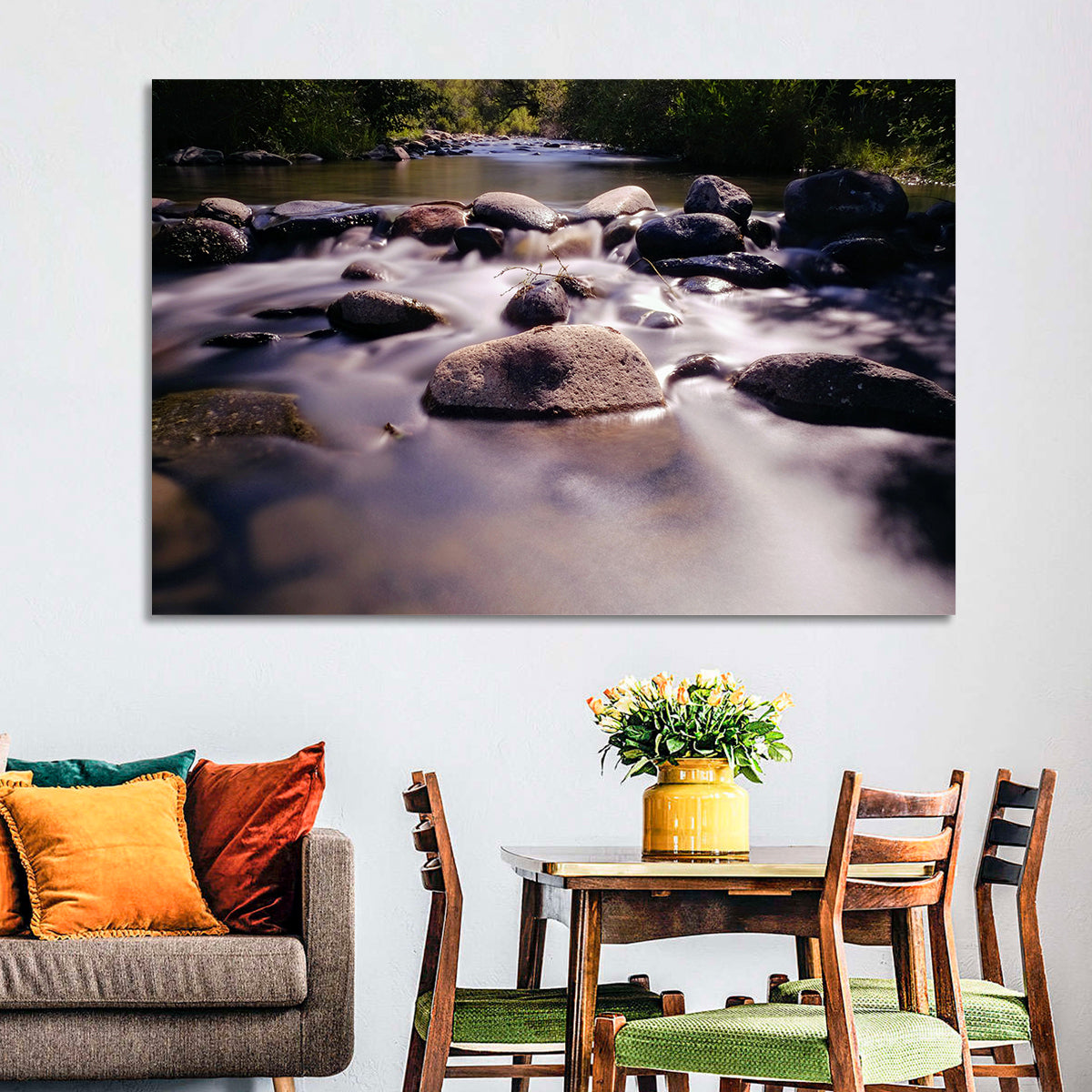 Truckee River Sunlit Rocks Wall Art in a room, landscape