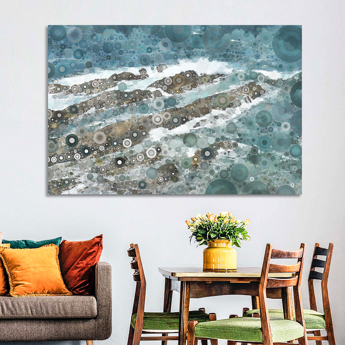 Teal Mosaic Ocean Wave Wall Art in a room, landscape
