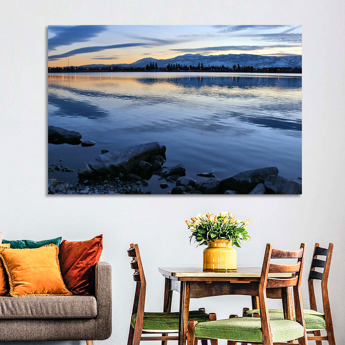 Sparks Marina Twilight Reflection Wall Art in a room, landscape