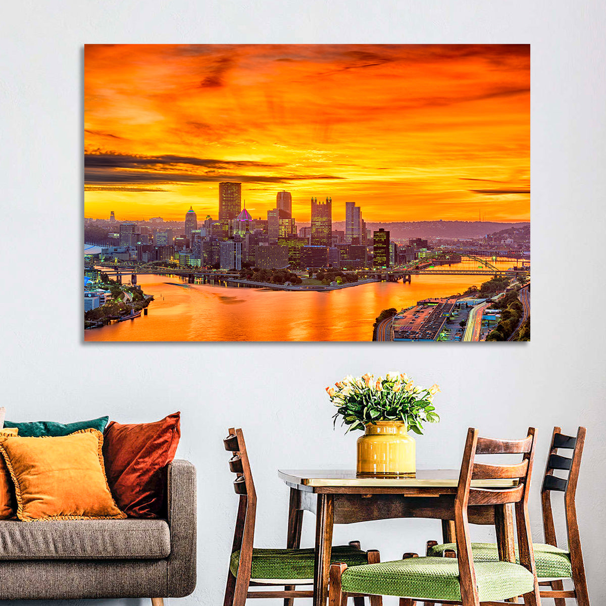 Pittsburgh Skyline at the Point Wall Art in a room, landscape
