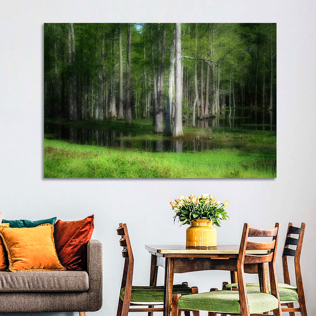 Lush Cypress Swamp Wall Art in a room, landscape