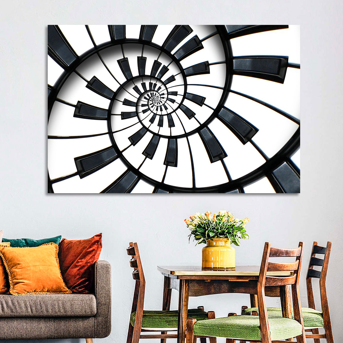 Recursive Spiral Piano Keys Wall Art in a room, landscape