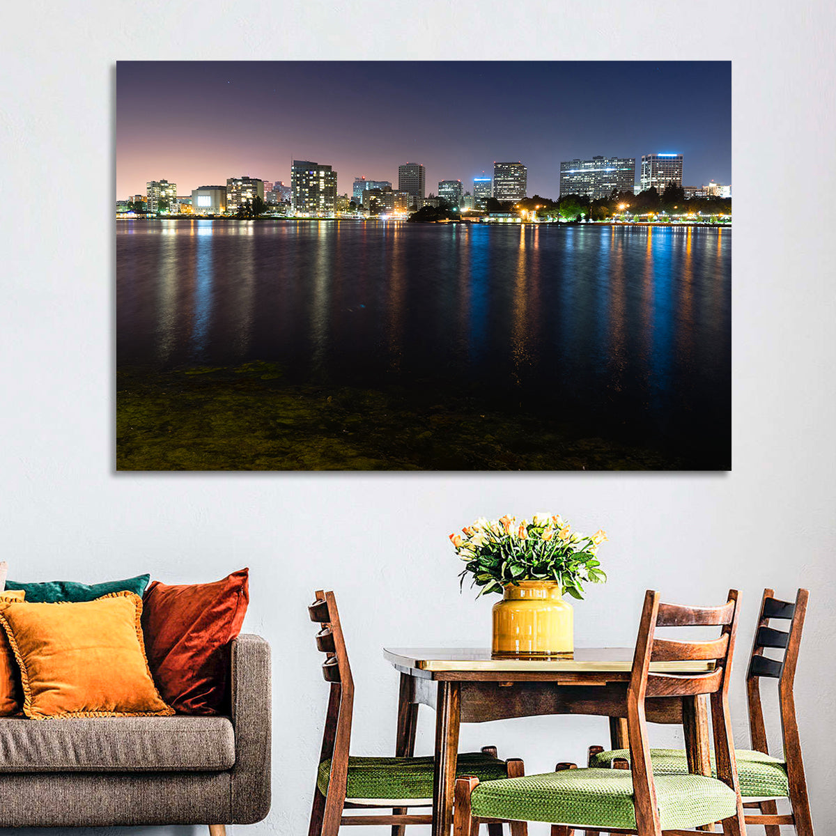Oakland Skyline Over Lake Merritt Wall Art in a room, landscape