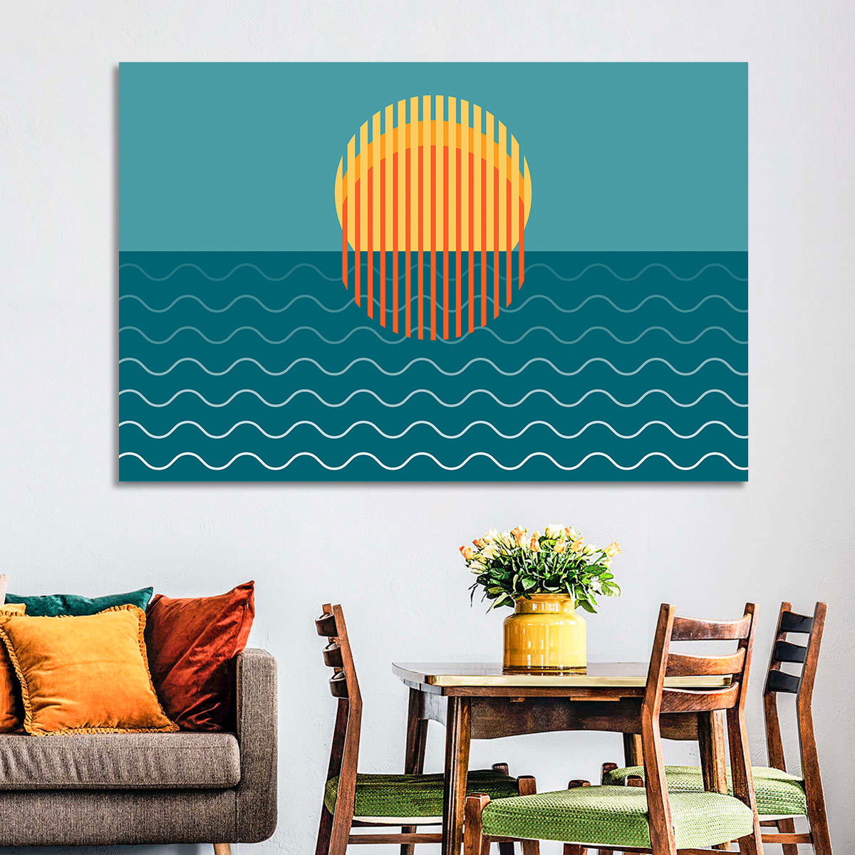 Teal Ocean Sunset Illustration Wall Art in a room, landscape