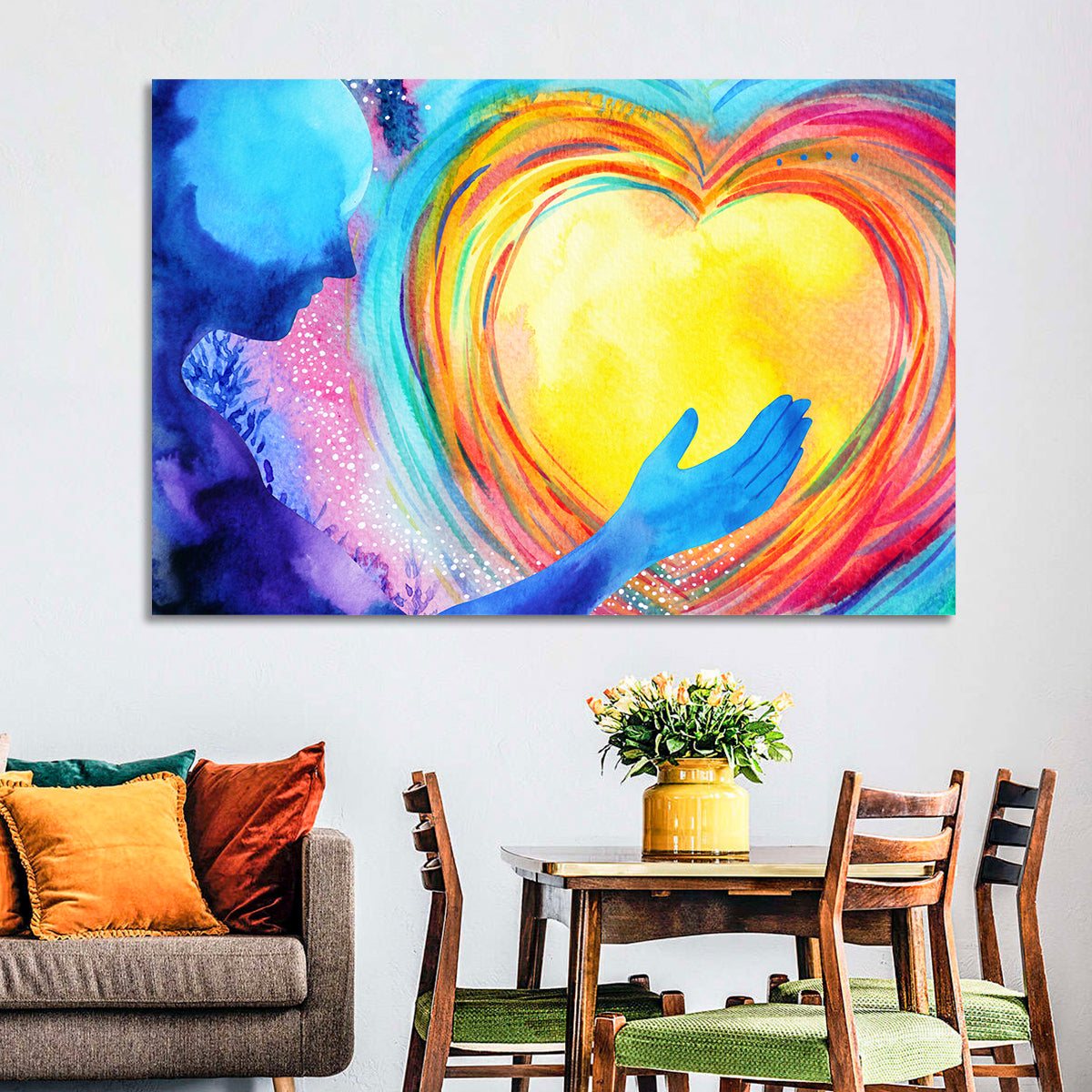 Blue Silhouette with Radiant Heart Wall Art in a room, landscape