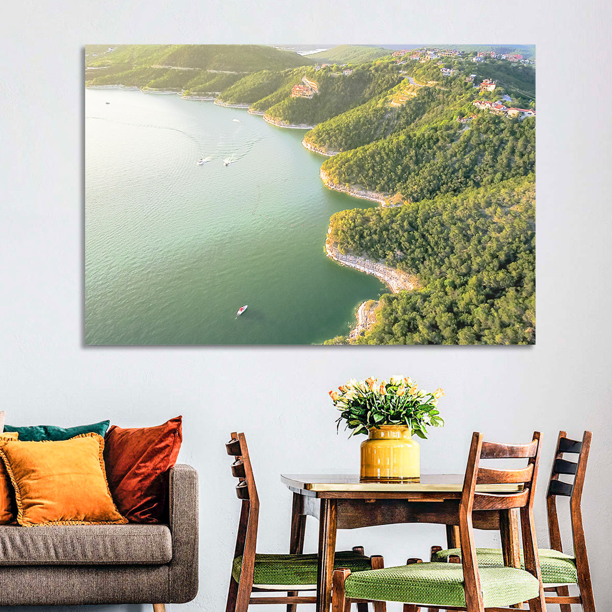Lake Travis Aerial View Wall Art in a room, landscape