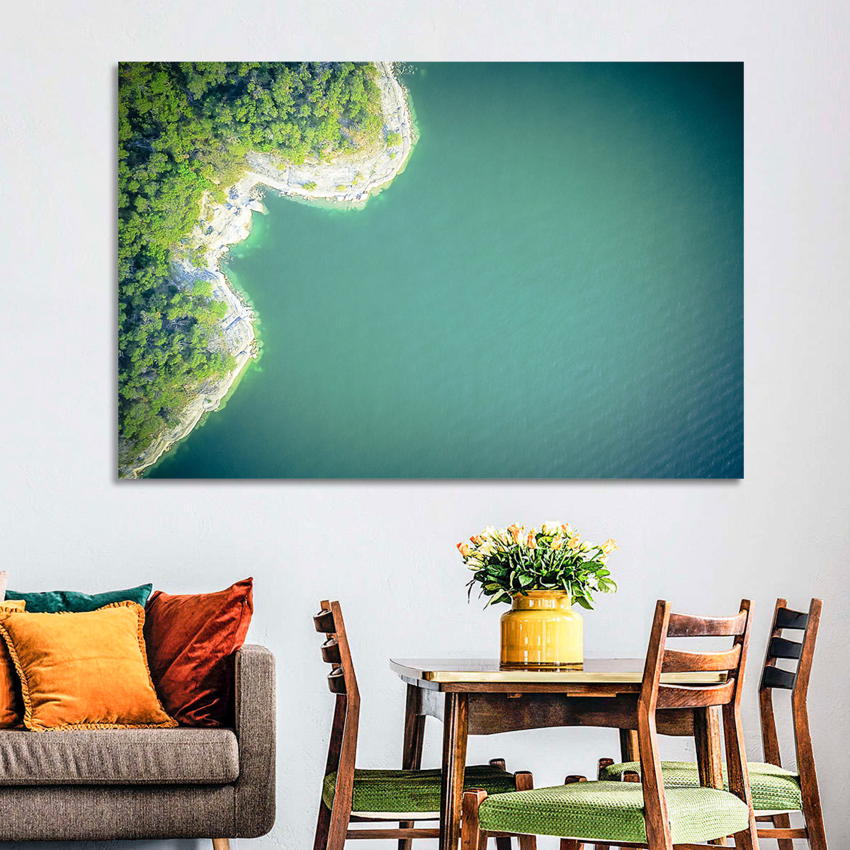 L-shaped Coastline Over Teal Lake Wall Art in a room, landscape