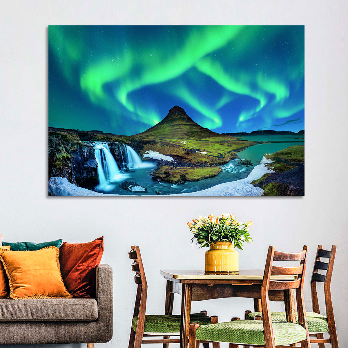 Kirkjufell Northern Lights Wall Art in a room, landscape