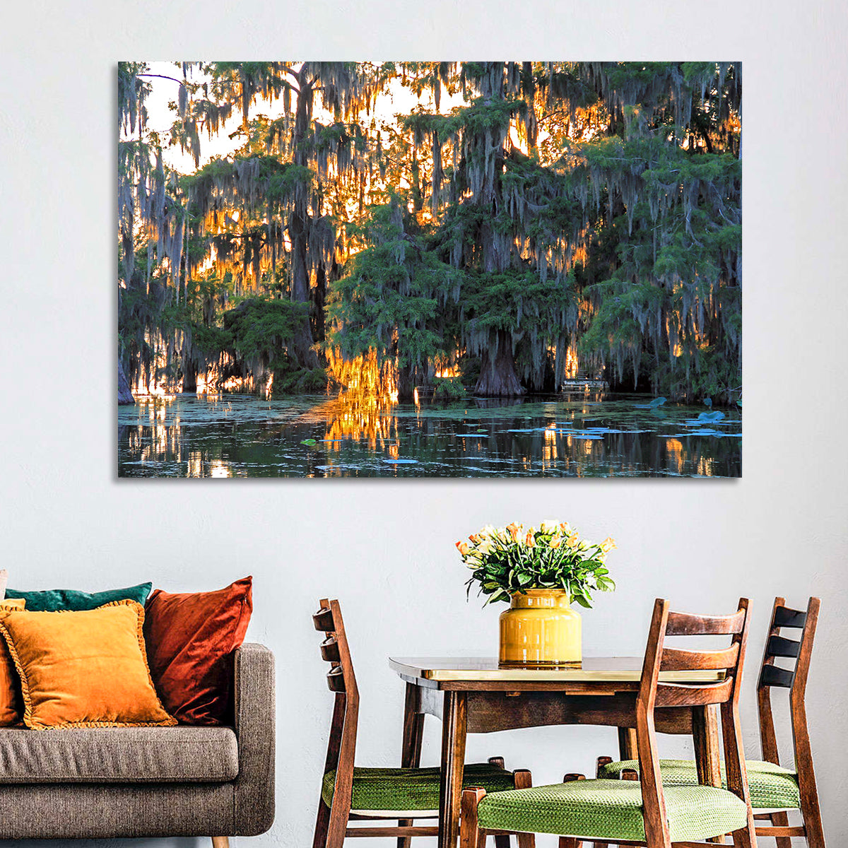 Lake Martin Cypress Reflection Wall Art in a room, landscape