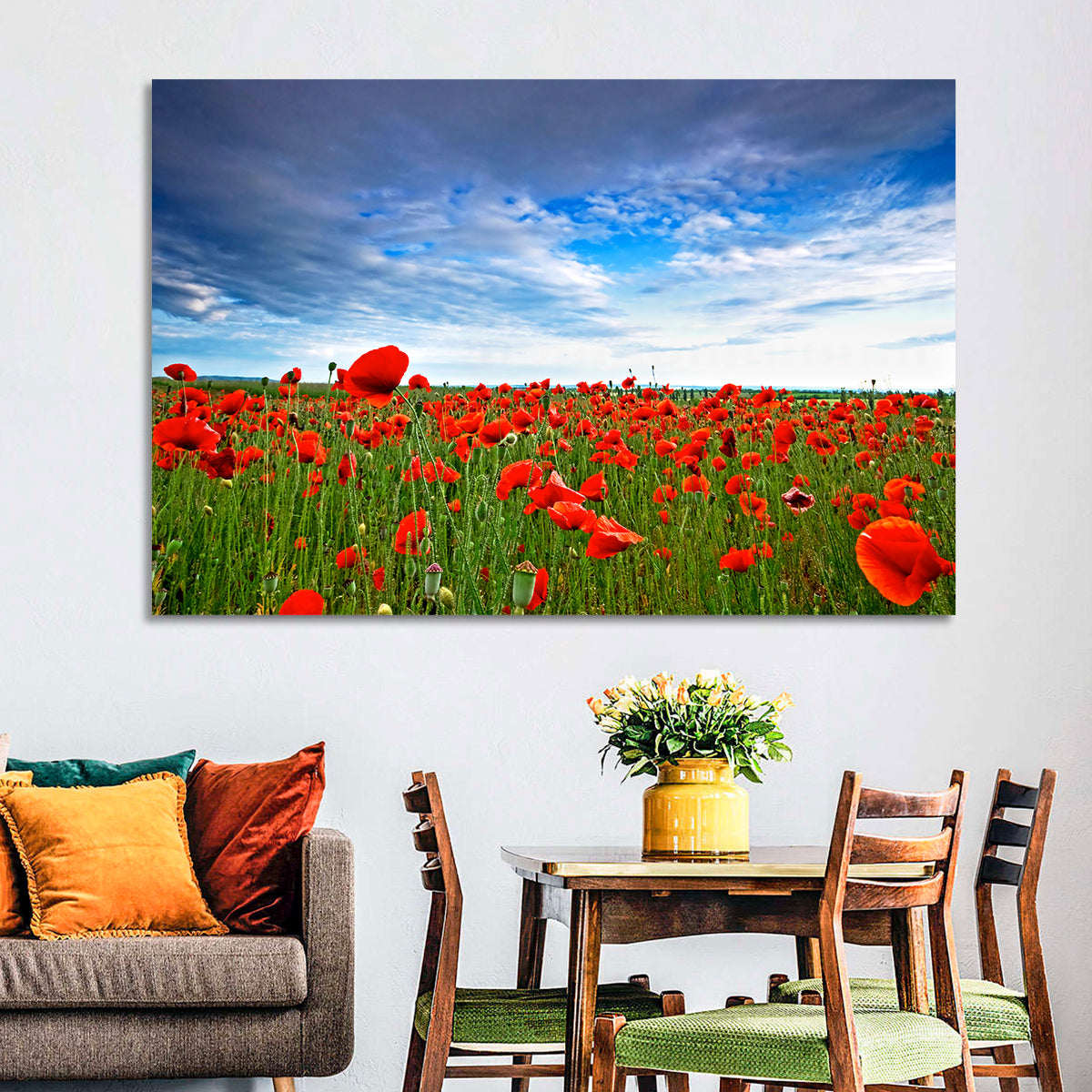 Red Poppy Field Wall Art in a room, landscape