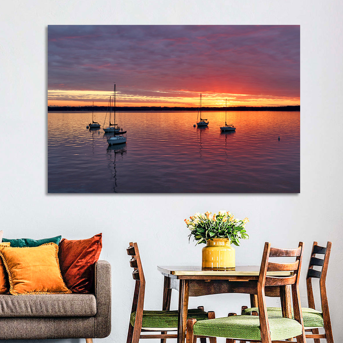 Lake Mendota Sailboats at Sunset Wall Art in a room, landscape