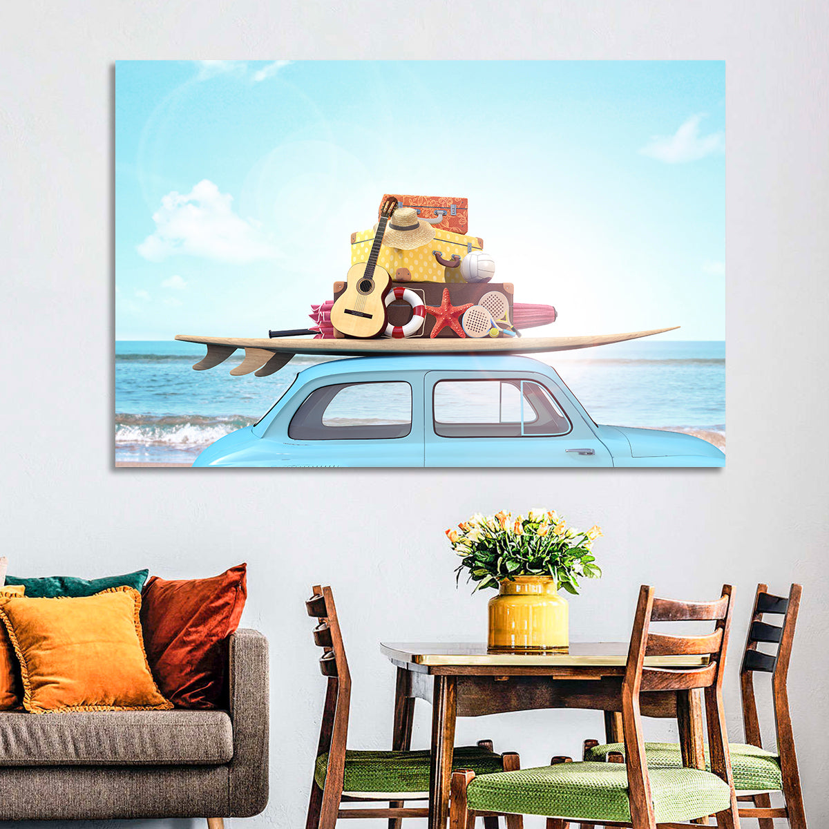 Vintage Car with Surfboard Wall Art