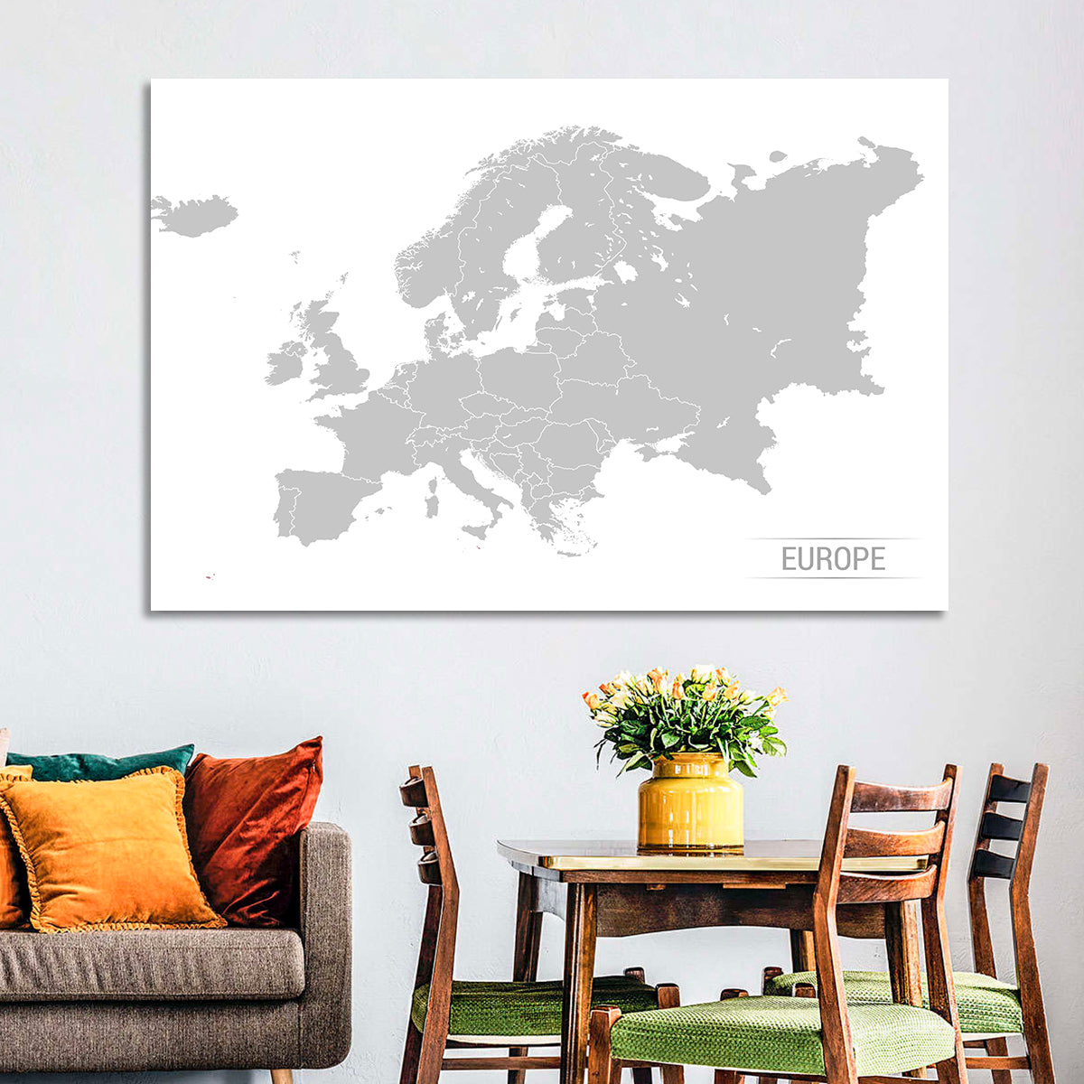 Gray Europe Outline Map Wall Art in a room, landscape