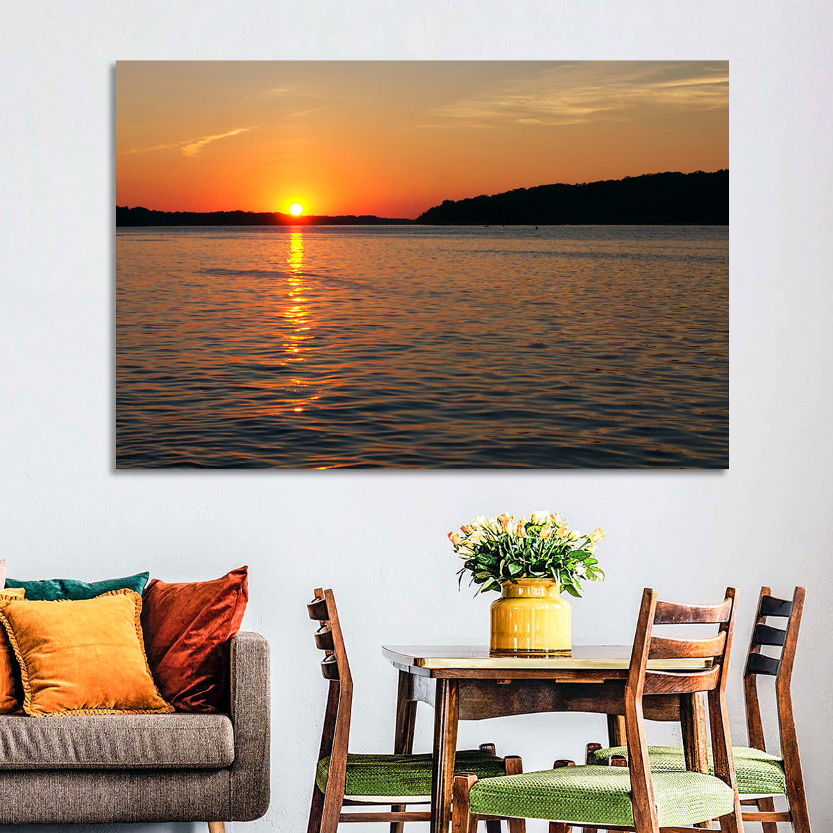 Mississippi River Sunset Wall Art in a room, landscape