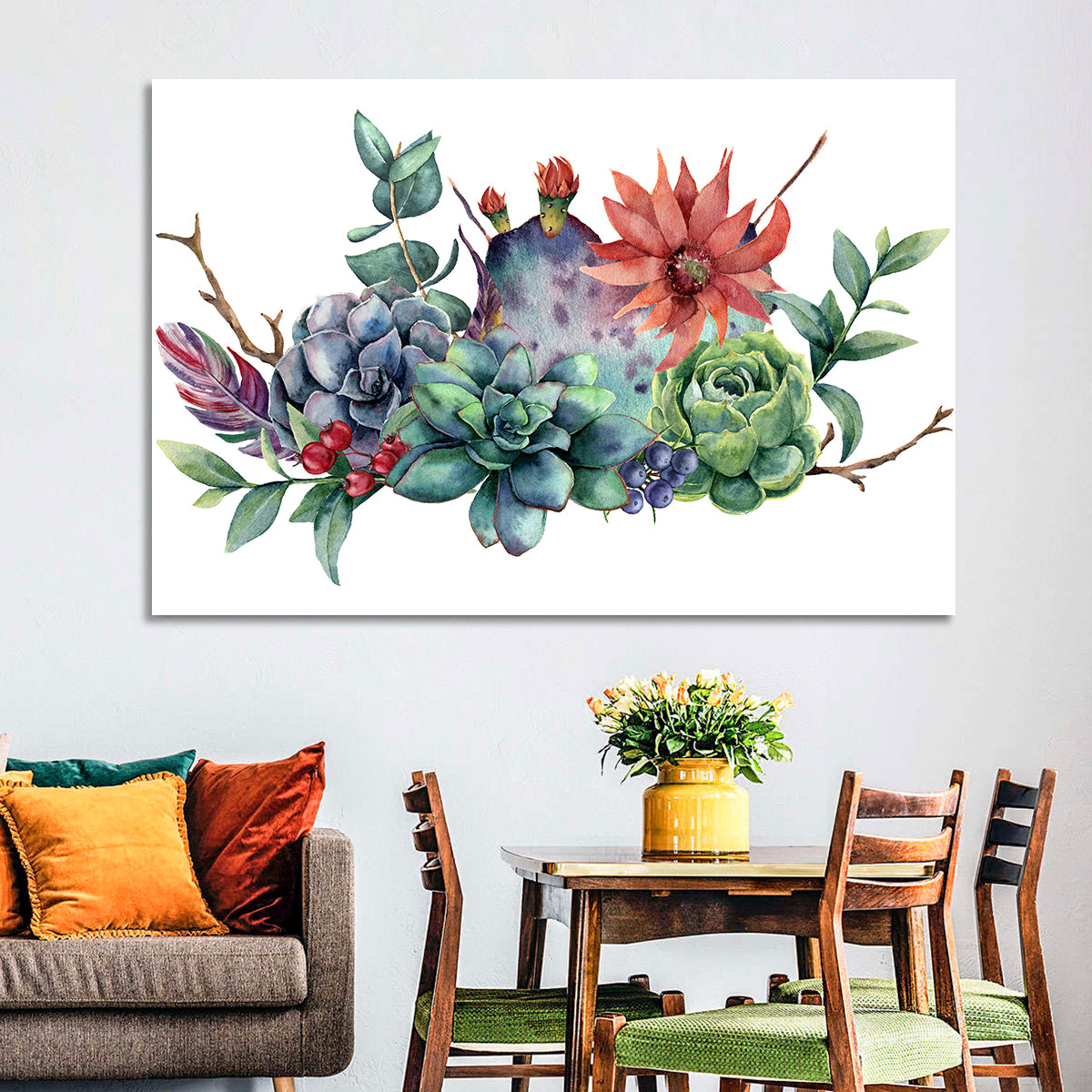 Succulent and Cactus Bouquet Wall Art in a room, landscape