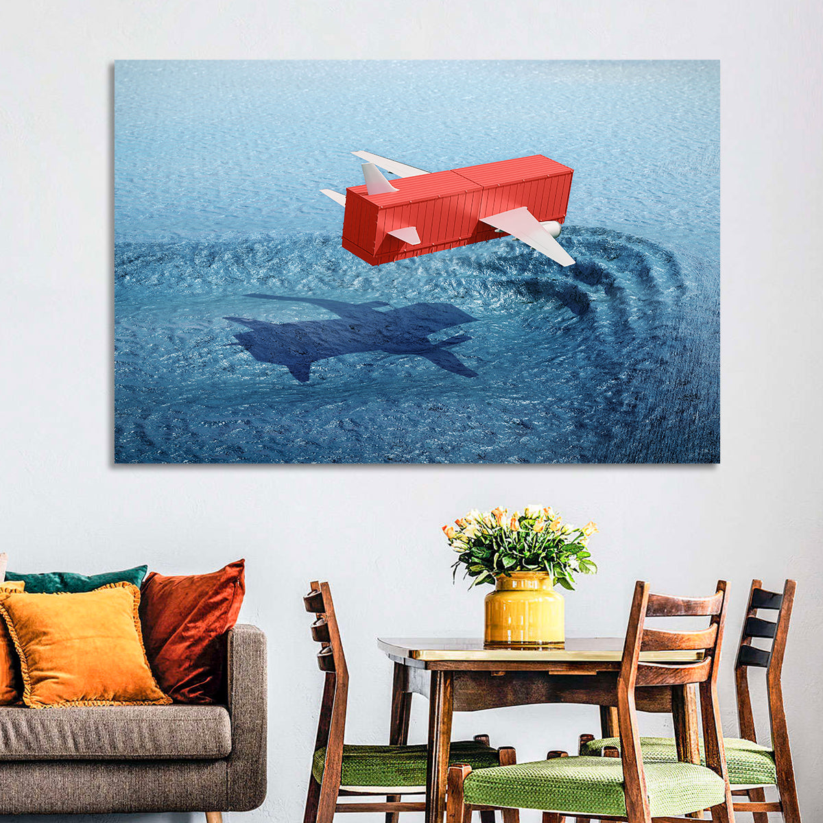 Flying Shipping Container Wall Art in a room, landscape